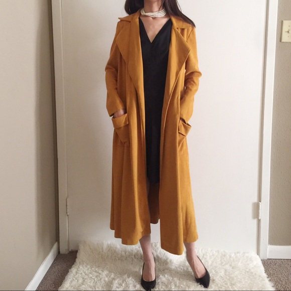 Mustard Yellow Faux Suede Long Coat 